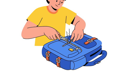 Young person carefully repairing a broken zipper on a blue backpack with pliers, demonstrating practical DIY skills and problem-solving