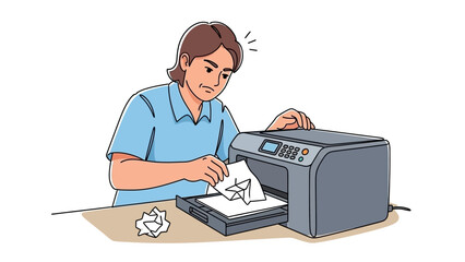 Man struggling with a malfunctioning printer, paper jam, and frustration