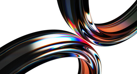 Naklejka na ściany i meble 3d iridescent liquid glass ribbon wave line with neon rainbow light texture on abstract black background. Holographic gradient water flow with speed motion effect. Digital tech banner