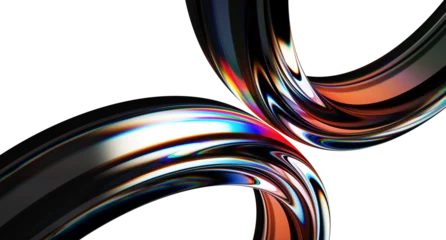 Fototapeten Pony 3d iridescent liquid glass ribbon wave line with neon rainbow light texture on abstract black background. Holographic gradient water flow with speed motion effect. Digital tech banner  © marozhkastudio