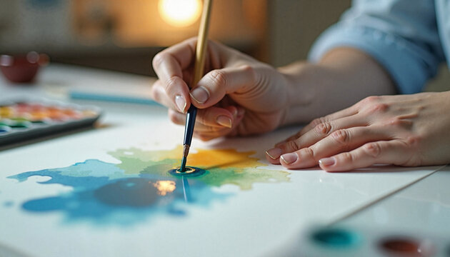 Artist painting colorful watercolor artwork with a brush on paper - Powered by Adobe