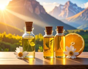Three small oil bottles, daisy, orange, sun and mountain view