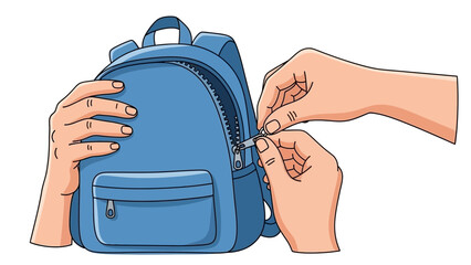 Vector illustration of hands carefully zipping or unzipping a blue backpack, isolated on a white background for school or travel concepts