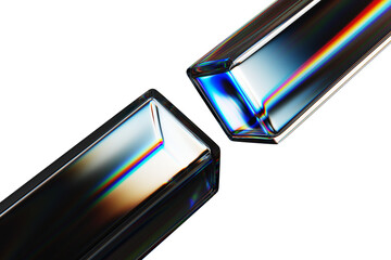 3d black background with glass chromatic cube block shapes render. Abstract crystal diagonal line pattern with rainbow caustic effect, neon light holographic gradient. Digital tech bg