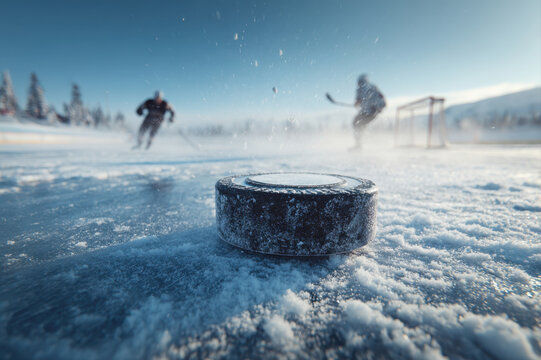 A hockey player drives a puck on ice in the courtyard on a sunny winter day, ice floes fly in all directions from the puck - Powered by Adobe