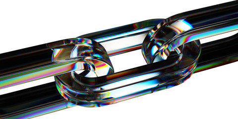 Fototapeta premium 3d iridescent glass spectrum chain with crystal links on abstract black background. Connected rings with bright neon gradient texture, light dispersion. Futuristic digital tech bg