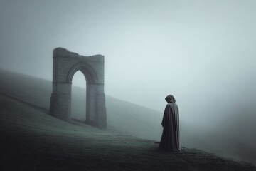 Misty Landscape With Ancient Stone Archway And Figure In Cloak