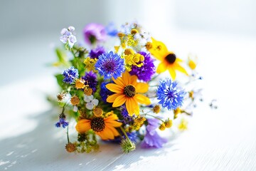Colorful Bouquet Of Wildflowers On White Surface