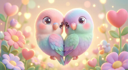 A tender embrace of two adorable pastel lovebirds forming a heartwarming shape, nestled amidst a whimsical garden of soft blooms and shimmering lights, symbolizing sweet affection and harmony