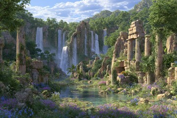 Ancient Ruins With Waterfall And Flowers