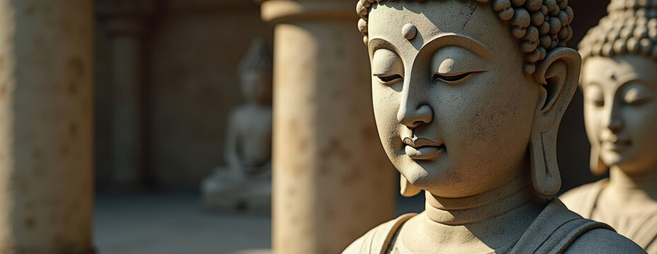 A detailed close-up of a stone Buddha statue's face in meditation. Spiritual sculpture in a temple setting with a blurred background - Powered by Adobe