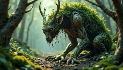 Mystical forest creature with horns and moss creeping through enchanted woods