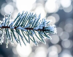 Close-up of a beautiful frosty pine branch shimmering with ice crystals against a soft bokeh