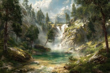 Forest Waterfall Scenery In Mountain Valley