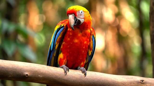 Close up of a vibrant scarlet macaw parrot perched on a branch with a soft, blurred jungle background
