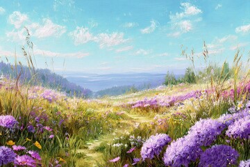 Colorful Flower Meadow Landscape With Mountains And Blue Sky