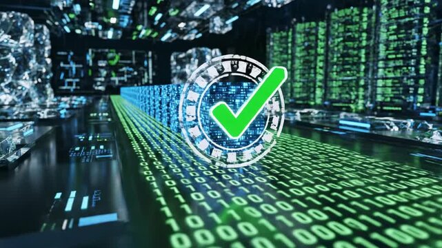 Glowing key and lock in a futuristic digital environment with binary code