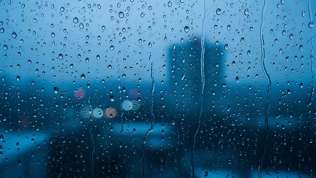 A striking close-up photograph of raindrops on the window, viewed through a distinct blue tone, with city lights blurred into a moody bokeh background.