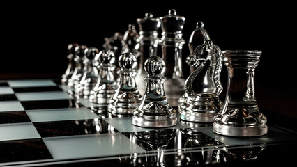 Elegant crystal chess pieces ready for strategic gameplay on a reflective glass board