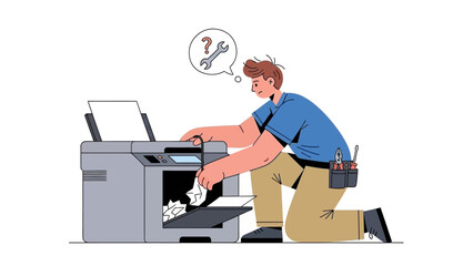 Experienced technician diligently troubleshooting a paper jam in an office printer, providing essential technical support and maintenance service for business equipment