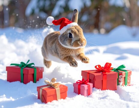 Joyful bunny with Santa hat leaping near gift-wrapped presents in snow - Powered by Adobe