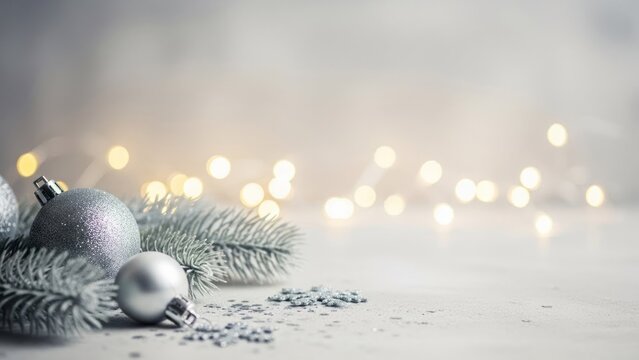 Christmas baubles and pine branches on a white background with bokeh lights.