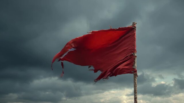 A worn red banner flaps in the wind against a backdrop of dark, stormy, and overcast skies
