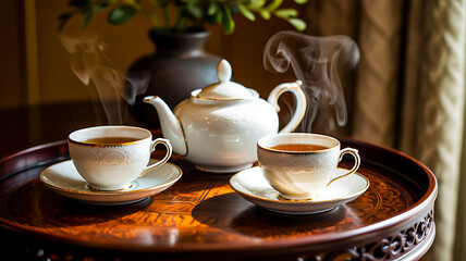 Intricate Teapot with Porcelain Teacups on Ornate Wooden Table in Cozy Interior