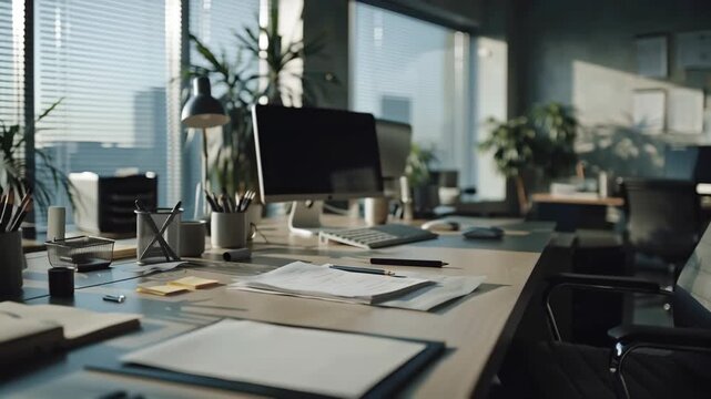 Office Desk With Scattered Papers and Office Supplies