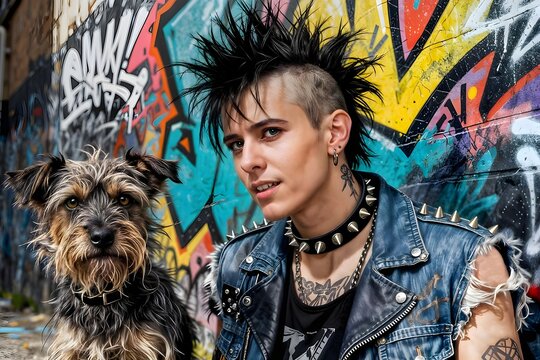 Punk rocker with mohawk and dog against graffiti wall