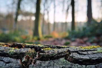 Fototapeta premium Close-up of cracked tree bark on a weathered stump with a soft forest background.