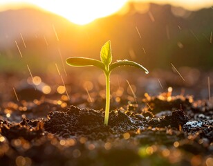 Tiny seedling bathed in sunlit rain, emerging from rich dark soil