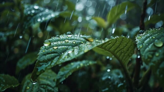 Lush green foliage adorned with glistening raindrops, highlighting the serene beauty and invigorating freshness of the natural world after a gentle shower