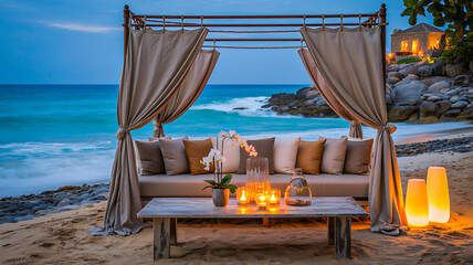 Cozy Daybed Overlooking Tropical Beach with Romantic Sunset Ambiance
