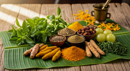 ayurvedic herbs banana leaf