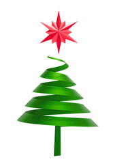 3d render of a stylized, minimalist christmas tree created from a swirling green ribbon with a red star topper.