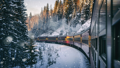 Train travels through snowy forest landscape, surrounded by tall pine trees and gentle snowfall, creating serene winter scene
