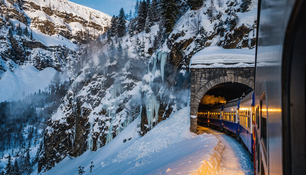 Train emerges from snowy mountain tunnel, surrounded by icy cliffs and pine trees, creating serene winter scene - Powered by Adobe