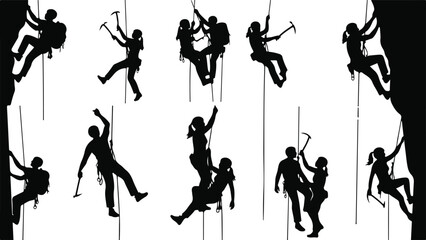 Rock climbing mountain silhouette Mountain climb icon set Hiking icon symbol Mountain climb clipartbundle illustration © enggar