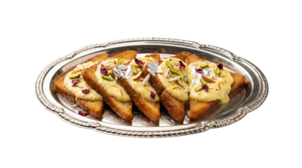 Silver platter of Shahi Tukda fried bread dessert