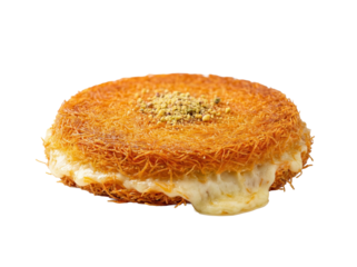 PNG cut out isolated background. An overhead studio shot of a traditional Middle Eastern dessert known as Kunafa or Knafeh.