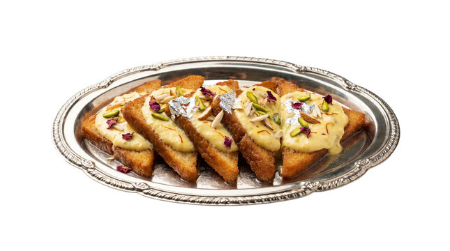Silver platter of Shahi Tukda fried bread dessert