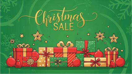 Christmas Holiday Sale Promotion with Presents and Decorations on a Green Background
