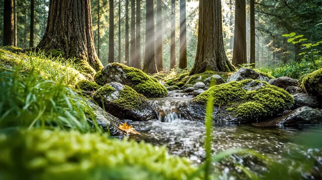 Sunlight streams through tall trees onto a moss covered rock stream bed in a lush green forest