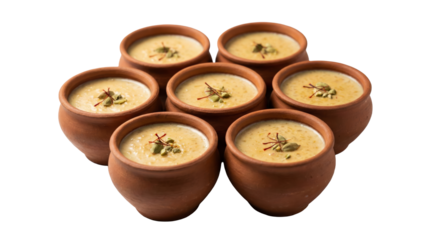 PNG cut out isolated background. A high-angle studio shot of a group of six traditional terracotta clay pots filled with Firni, a creamy Indian rice pudding.