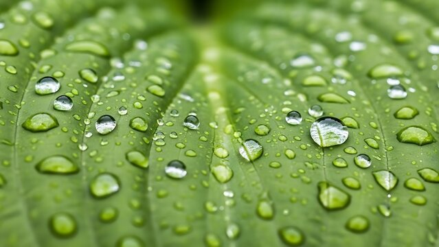Close up of green leaf with many water droplets water drops
