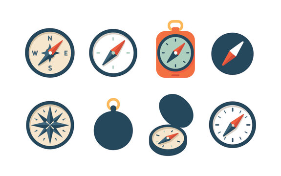 Compass icons set, directional tools, navigation pointers, flat vector illustration