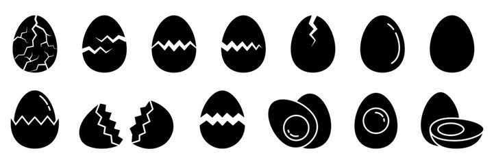 Egg icon set. Broken eggs icons. Cracked eggshell symbols isolated on white background. Happy Easter Day. Fried or boiled half and slices chicken eggs. Allergen free icon label. Vector Illustration.