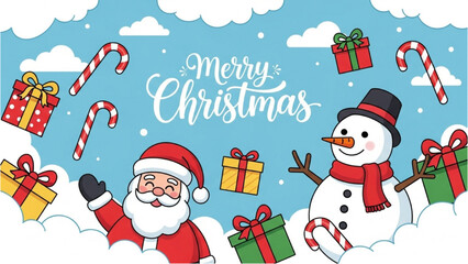 Santa Claus and a cheerful snowman celebrating the festive holiday season with gifts