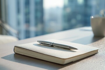 A metallic pen resting on a table with a notebook in warm natural light.